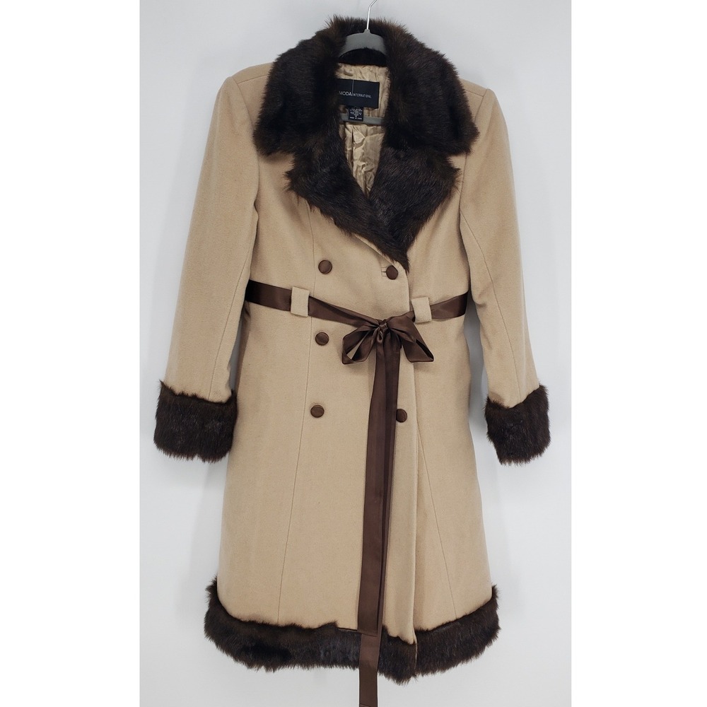 Moda International Faux Fur Trim Trench Coat Women 4 Tan Wool Blend Winter Belt